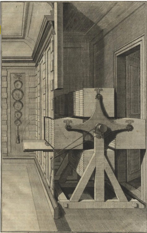 Johann Jacob Schübler: Entwurf zu einem Medaillenschrank, 1730. Aus: ders: Nützliche Vorstellung, wie man […] Bequeme Repositoria, compendiose Contoirs und neu-faconirte Medaillen-Schräncke in den Studier- und Kauffmanns-Stuben: auch Raritäten- und Naturalien-Kammern ordiniren kann, Nürnberg 1730 (Tafel 13), SLUB Dresden, Archit.290, https://digital.slub-dresden.de/werkansicht/dlf/58482/69.